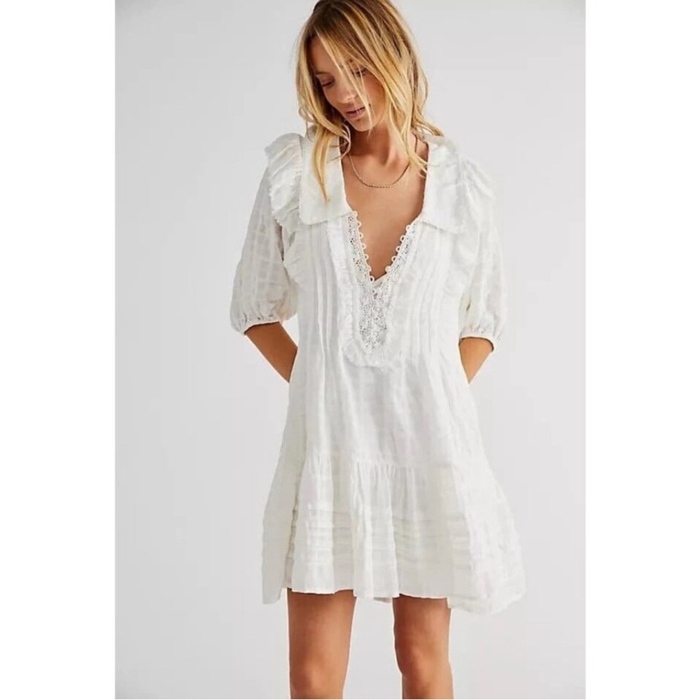 Free People White Mini Dress with Lace V-Neck